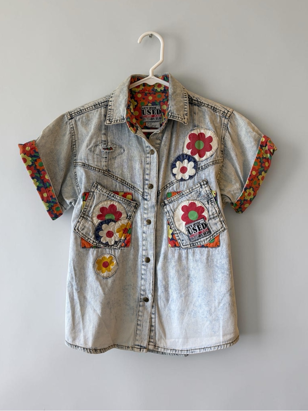 Vintage Floral Patchwork Denim Shirt Large Retro Short Sleeve Button Down Boho